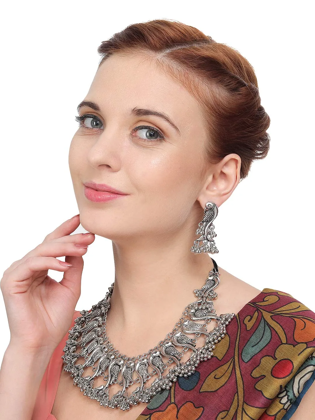 Yellow Chimes Oxidised Jewellery Set for Women Silver Oxidised Jewellery Set Antique Peacock Carved Choker Necklace Set for Women and Girls