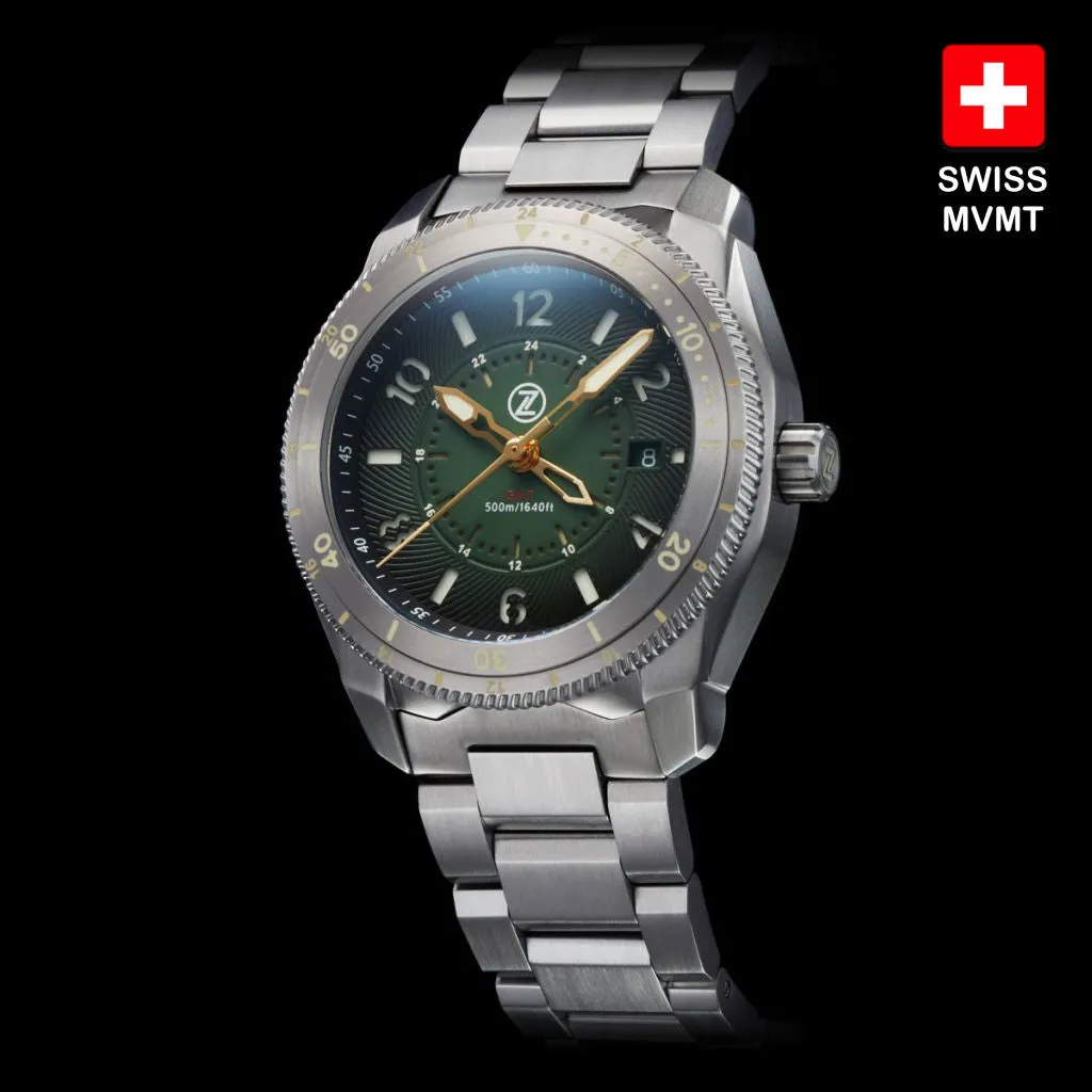 Zelos Thresher 500m GMT - Hunter&nbsp;Green (Swiss&nbsp;ETA&nbsp;2893)